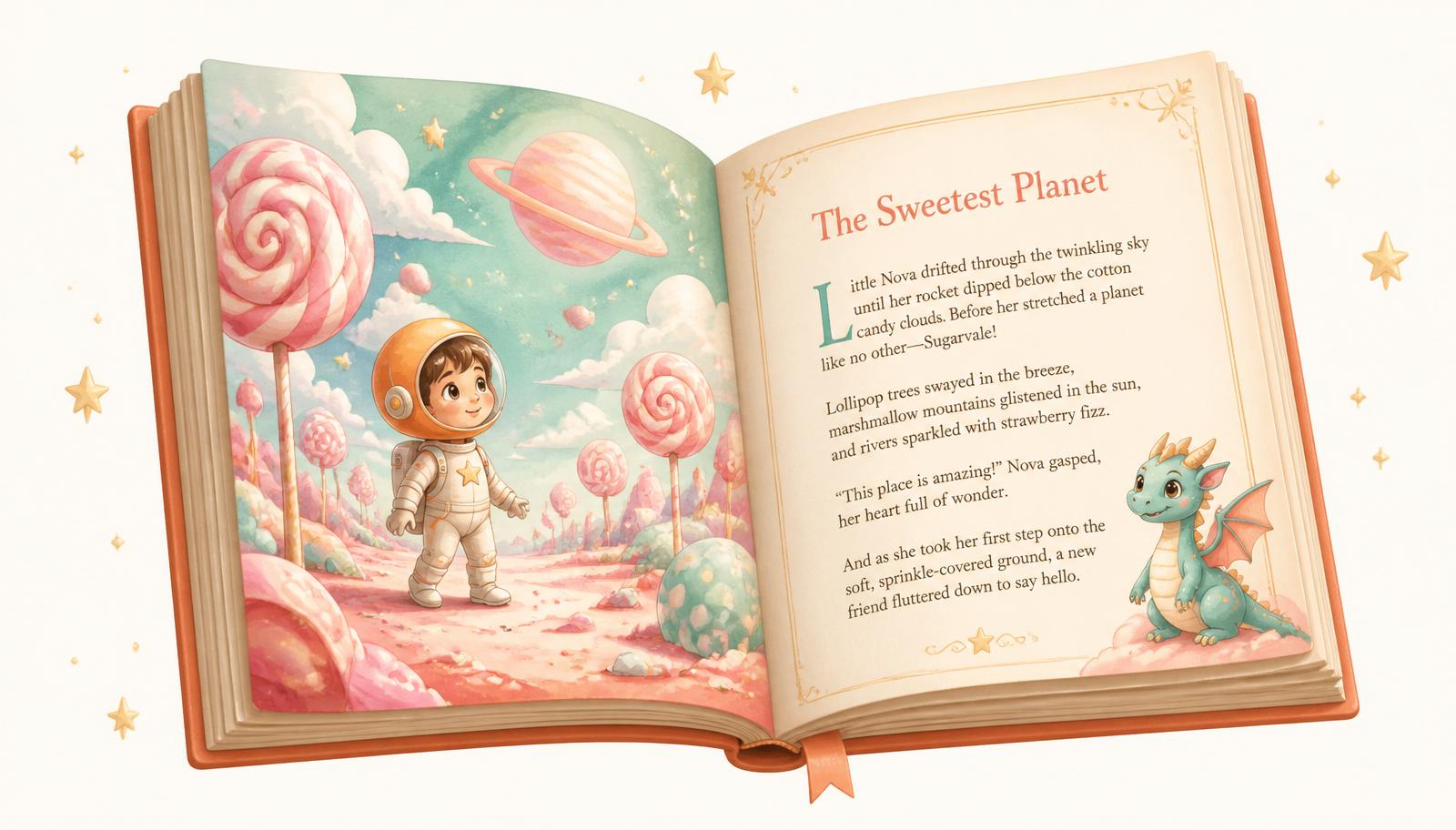 An open personalized children's storybook showing a young astronaut exploring a candy-colored planet